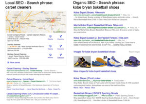 Screenshot comparing local and organic SEO search results, with maps for carpet cleaners and shoes listings