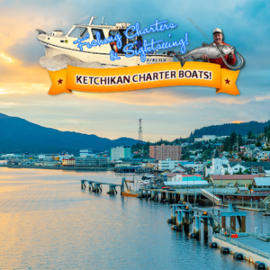 Ketchikan harbor at sunset with docks and coastal town, Ketchikan Charter Boats logo overlay