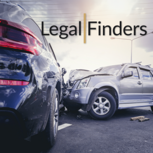 Two cars in a head-on collision on roadway, close view of damage, LegalFinders logo overlay