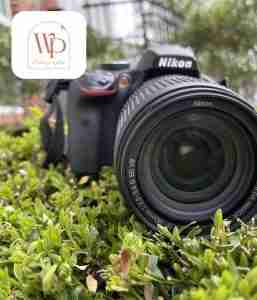 Close-up of a Nikon DSLR on green shrubs, wide lens facing camera, with WP Photography logo overlay
