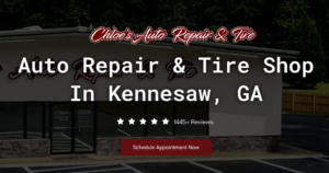 Chloe’s Auto Repair & Tire banner: Auto Repair & Tire Shop in Kennesaw, GA with stars and appointment button