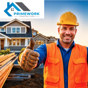 Smiling builder in hard hat and orange vest gives thumbs up by new homes, Primework Construction company logo