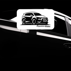 Sleek black car silhouette with glossy reflections on dark background, overlaid RH Signature Rides logo