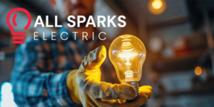 Gloved electrician holds a glowing light bulb in workshop, with All Sparks Electric logo displayed beside him