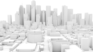 Minimalist white 3D cityscape with varied skyscrapers and low-rise blocks, stylized skyline fading into depth