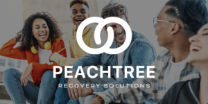 Peachtree Recovery Solutions logo with interlocking rings over blurred happy friends sitting together, casual