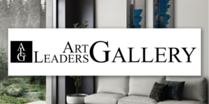 Art Leaders Gallery logo over modern living room with sofa, shelves, and framed artwork, minimalist design