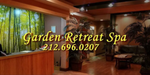 Warm spa lobby with bamboo mural, wood floors, palms and couches, text reads Garden Retreat Spa 212.696.0207