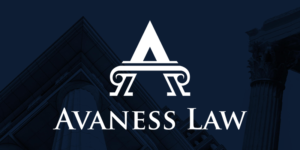 Dark blue background with courthouse columns and a stylized A logo above the words AVANESS LAW, legal branding