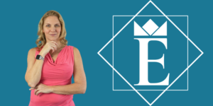 Confident woman in pink sleeveless top poses, hand on chin, against teal background beside a crowned E logo