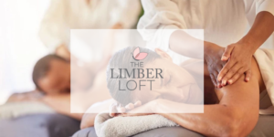 Person receiving relaxing shoulder massage in a spa, therapist pressing muscles with both hands, The Limber Loft logo overlay
