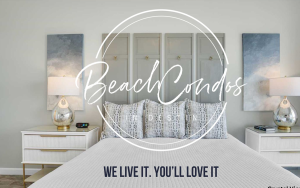 Modern bedroom with white bed, twin lamps, panel art, and a circular BeachCandi logo overlay with slogan