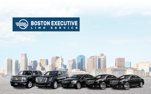 A fleet of luxury black vehicles lined up in front of a modern city skyline, featuring Boston Executive Limo Service logo