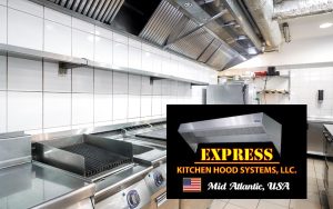 Commercial kitchen interior with stainless steel surfaces and tiled walls, featuring Express Kitchen Hood & Duct logo