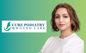 Portrait of a confident woman beside the Cure Podiatry & Wound Care logo on a blue-green gradient background
